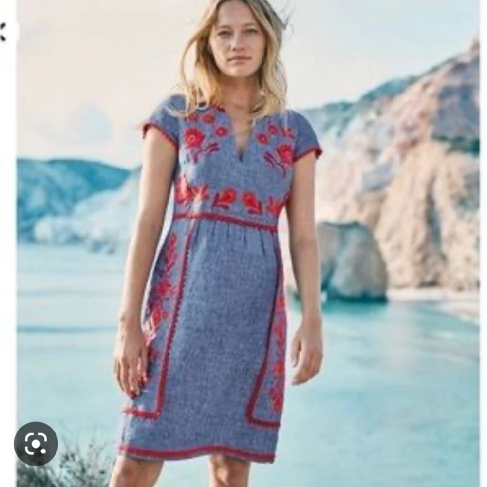 BODEN Blue Chambray Linen Red Embroidered Mini Dress - Size 10P